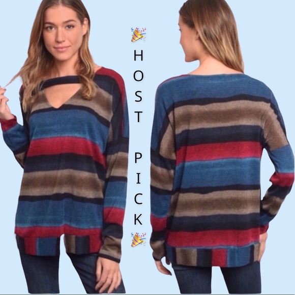 Tops - ❌DONATED❌Blue Multicolor Stripe V-neck Knit Long Sleeve Top